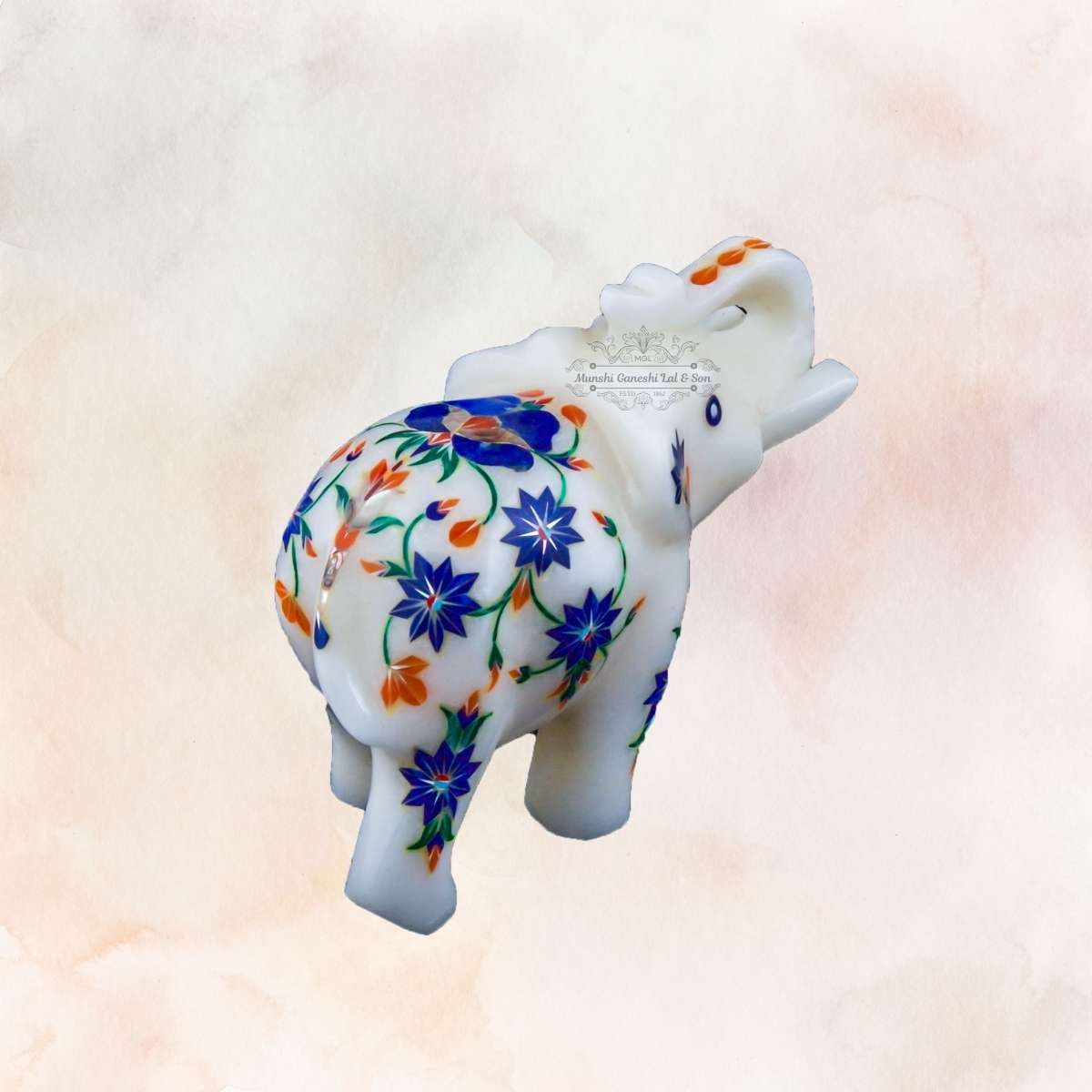 Blue & Orange Flower Designed Marble Elephant
